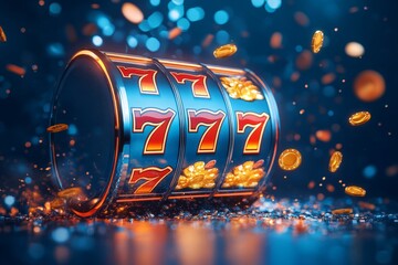 Blue casino slot machine with jackpot symbols on a light background, representing entertainment, excitement, and big winnings, Generative AI