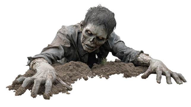 Zombie undead monster with pale skin and glowing eyes emerging from grave dirt, rising from the dead, symbolizing horror, fear, and apocalypse on transparent background