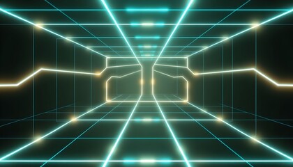 Abstract futuristic digital tunnel with glowing neon teal and yellow grid lines creating a deep perspective.