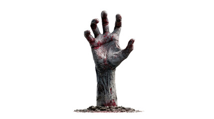 Zombie hand emerging from grave, pale dead skin and bloody wounds, representing horror, undead apocalypse, evil resurrection, and halloween themes on transparent background