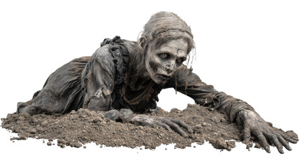 Undead female zombie with pale decaying skin and gray hair clawing out of a grave, crawling from the earth in a grisly, frightening resurrection of the walking dead