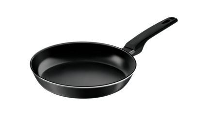 Black non stick frying pan with ergonomic handle, an essential kitchen utensil for preparing and cooking various meals, presented on a transparent background