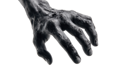 Zombie hand reaching out, a creepy undead monster arm in black and white, representing horror, death, disease, and the scary concept of halloween, isolated on a transparent background