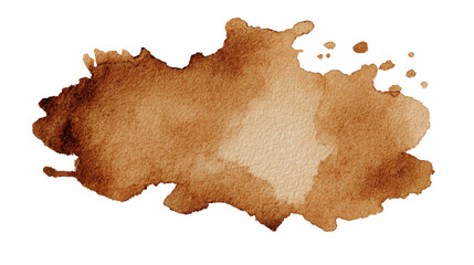 Coffee brown watercolor splash stain creating an abstract liquid texture, hand drawn paint droplet or ink splotch with rough paper surface detail on transparent background