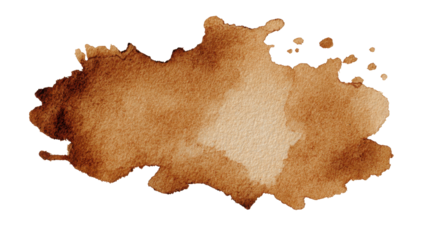 Coffee brown watercolor splash stain creating an abstract liquid texture, hand drawn paint droplet or ink splotch with rough paper surface detail on transparent background