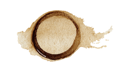Watercolor coffee ring stain with swirling brown splash and textured edges, organic vintage style circular mark perfect for backgrounds, frames, borders or grunge design elements