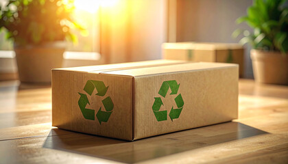 Eco-Friendly Delivery: A cardboard box, adorned with the iconic recycle symbol, sits bathed in sunlight, symbolizing sustainable practices and the beauty of environmentally conscious living.