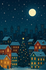 Cozy winter town decorated for Christmas and New Year at night  