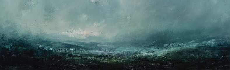 Fototapeta premium A panoramic landscape shrouded in stormy hues of turquoise, teal, and muted tones suggesting an atmosphere of drama