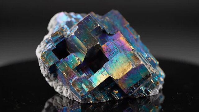 iridescent bismuth crystal on black background, studio macro showcasing stepped hopper formation with sharp geometric facets, metallic rainbow hues, reflective luster and glossy base; close-up angles