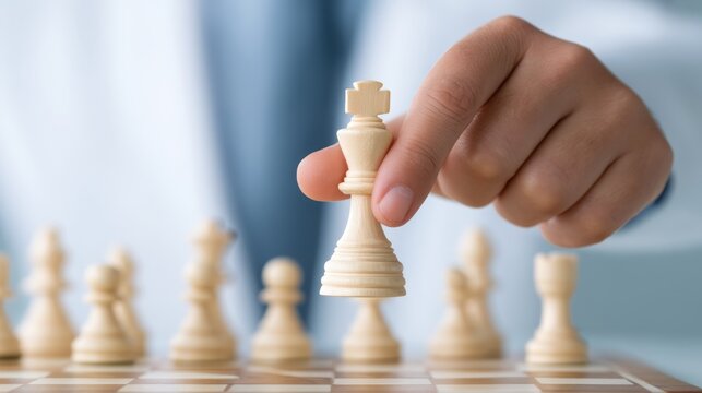 company Teamwork, brainstorming, Strategic Business Move - Hand Moving Chess Piece with Blurry Team Background