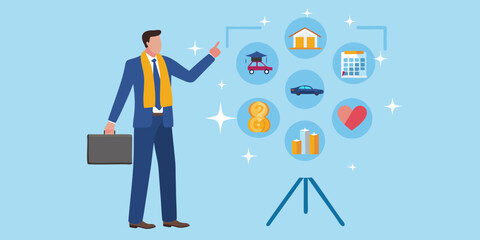 Financial planning concept with a man pointing to various life goals