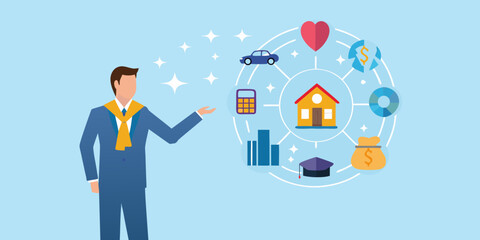 Financial planning a man managing icons of wealth and life goals