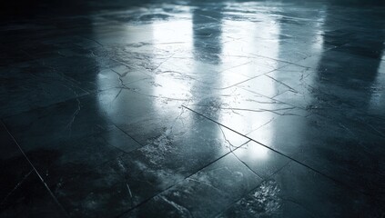 Low-angle shot showcasing a polished, reflective stone floor with subtle cracks, bathed in ambient light