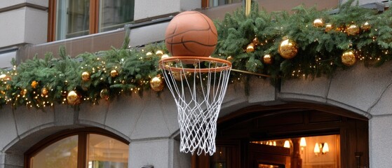 Outdoor basketball hoop decorated for the holidays with a basketball poised above the net in a festive urban setting during winter