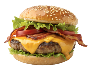 A juicy cheeseburger with melted cheese, isolated on transparent background.