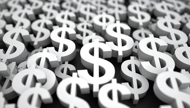 Close-up on a multitude of 3D dollar sign icons, rendered in white against a blurred darker background