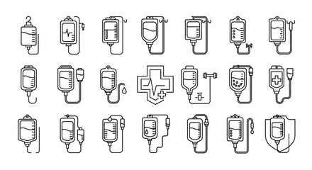 Set of intravenous drip bag and infusion equipment icons