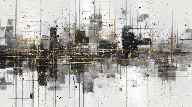 Abstract urban artwork with monochrome city silhouettes and gold accents - Powered by Adobe