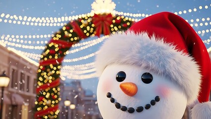 Obraz premium Cheerful Cartoon Snowman with a Red Santa Hat, Smiling Brightly Against a Softly Blurred Backdrop of Sparkling Holiday Lights and Festive Winter Decorations