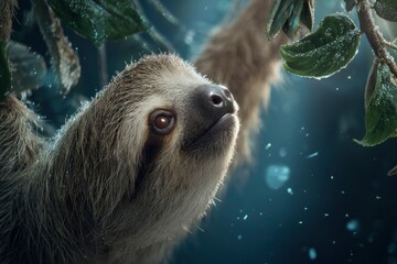 Fototapeta premium Close-Up of a Sloth Hanging on a Branch in a Lush Green Forest