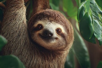 Naklejka premium Charming sloth hanging from a lush green leaf in a serene setting