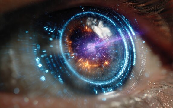 A close-up shot of a human eye, with glowing digital interfaces overlaid upon the iris - Powered by Adobe