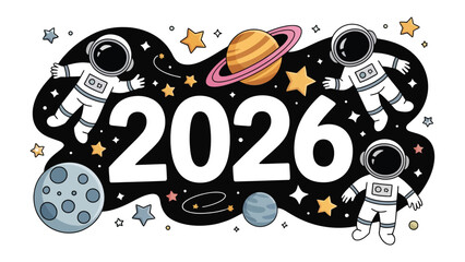 Journey to 2026: An illustrated concept for the year 2026, with an emphasis on exploration, showcasing astronauts floating amidst celestial bodies. © Murshida