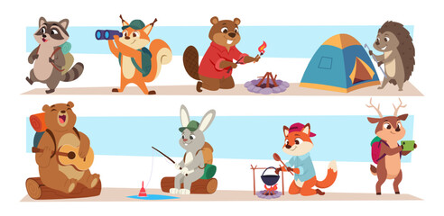 Naklejka premium Animals outdoor. Hiking animals exploring forest exact vector characters hiking