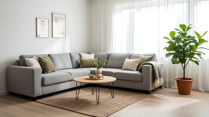 Obraz premium Modern Light-Gray Fabric Sofa with Cushions