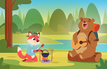 Naklejka premium Forest background. Wild animals tourists hiking and exploring outdoor exact vector template