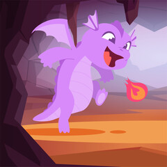 Fototapeta premium Dragon. fairy tale kid dragon in cave. vector background
