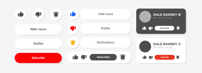 Modern UI elements featuring like, dislike, subscribe, notification buttons, and view counters. Includes light and dark modes, icons, and user cards. Video Platform Widgets.
