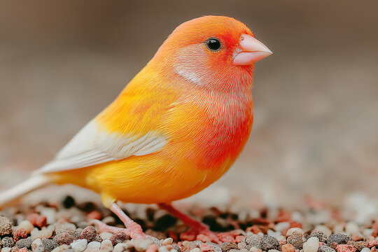 Gros plan de petit oiseau domestique type canari ou mandarin sur un perchoir, animal de compagnie chanteur aux couleurs vives et plumage doux pour voli&egrave;re int&eacute;rieure
