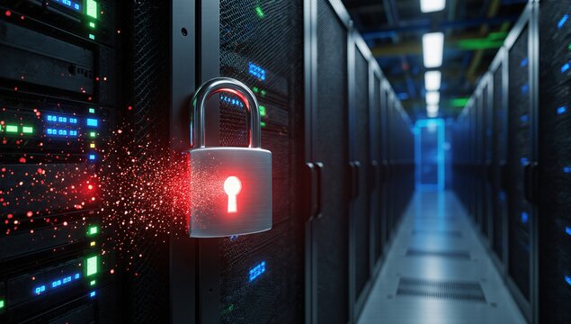 Secure data center with glowing padlock symbolizing cybersecurity. Protecting servers from digital threats in modern IT infrastructure.