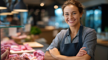 Positive butcher saleswoman, standing cutting table, demonstrating fresh mincemeat, raw meat display, shop retail environment, professional food service, customer interaction momen