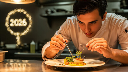 Young chef meticulously garnishes a gourmet scallop dish with precision in a professional kitchen setting