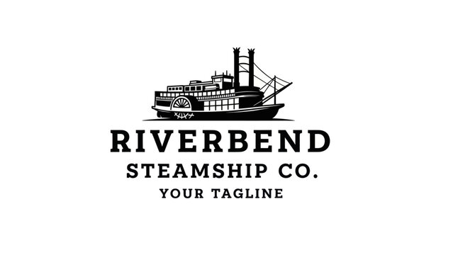 Classic black and white logo featuring a vintage paddlewheel steamboat above 'RIVERBEND STEAMSHIP CO.' text.