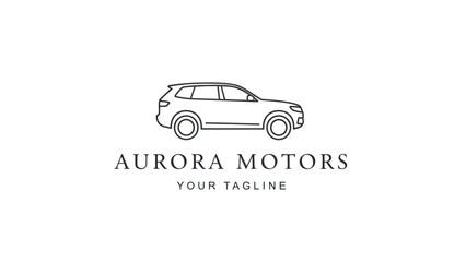 Fototapeta premium Minimalist line art logo featuring a modern SUV profile above 'Aurora Motors' text.