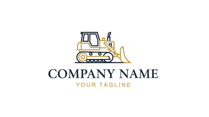Minimalist line art logo featuring a gold and dark blue bulldozer with placeholder company name and tagline.