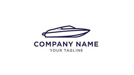 Minimalist line art logo featuring a sleek speed boat design with placeholder text for company name and tagline.