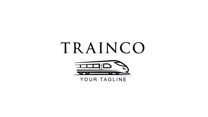 Monochromatic logo for TRAINCO, displaying a sleek high-speed train illustration and a placeholder tagline, set against a clean white background.