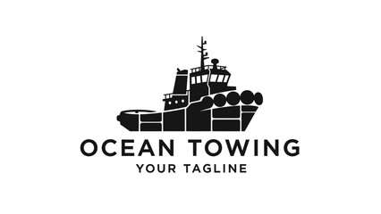 Monochromatic logo design featuring a robust tugboat silhouette above 'OCEAN TOWING' text for a marine business.
