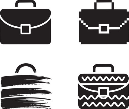 Briefcase black vector icons set isolated on transparent background, collection of business bags