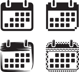 Set of four calendar icon designs, black glyphs on transparent background, vector illustration