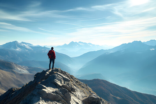 Hiker Experiencing Freedom Atop a Mountain with Expansive Views