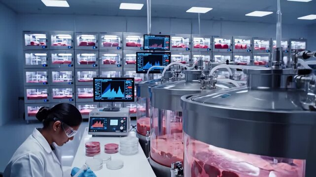 food biotech laboratory, monitoring bioreactors and sampling in food biotechnology facility, advanced industrial setting for cultivating and controlling cultured meat production process