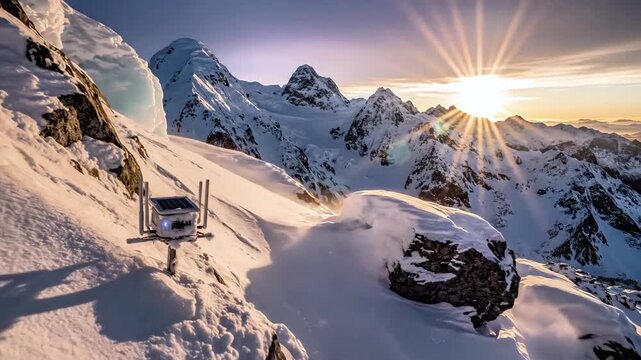 A frosted weather station on a snowy mountain, with sun rays shining over peaks