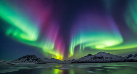 Celestial Symphony: Northern Lights dance across a dark sky, illuminating the landscape with vibrant hues of green, purple, and pink, creating a breathtaking display of nature's artistry.