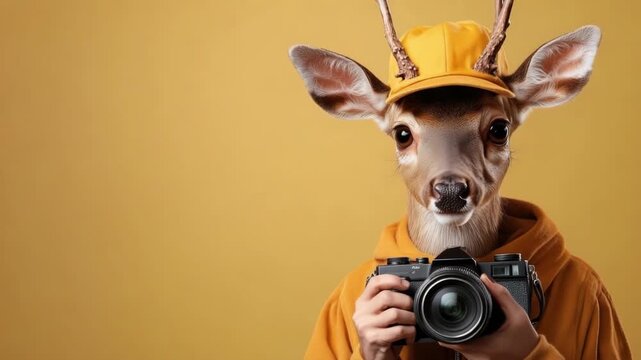 Deer in yellow cap holding camera against yellow background